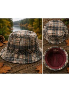 Vintage Totes USA Plaid Tweed Rain Hat Bucket Hat Wool Blend Made USA Sz M